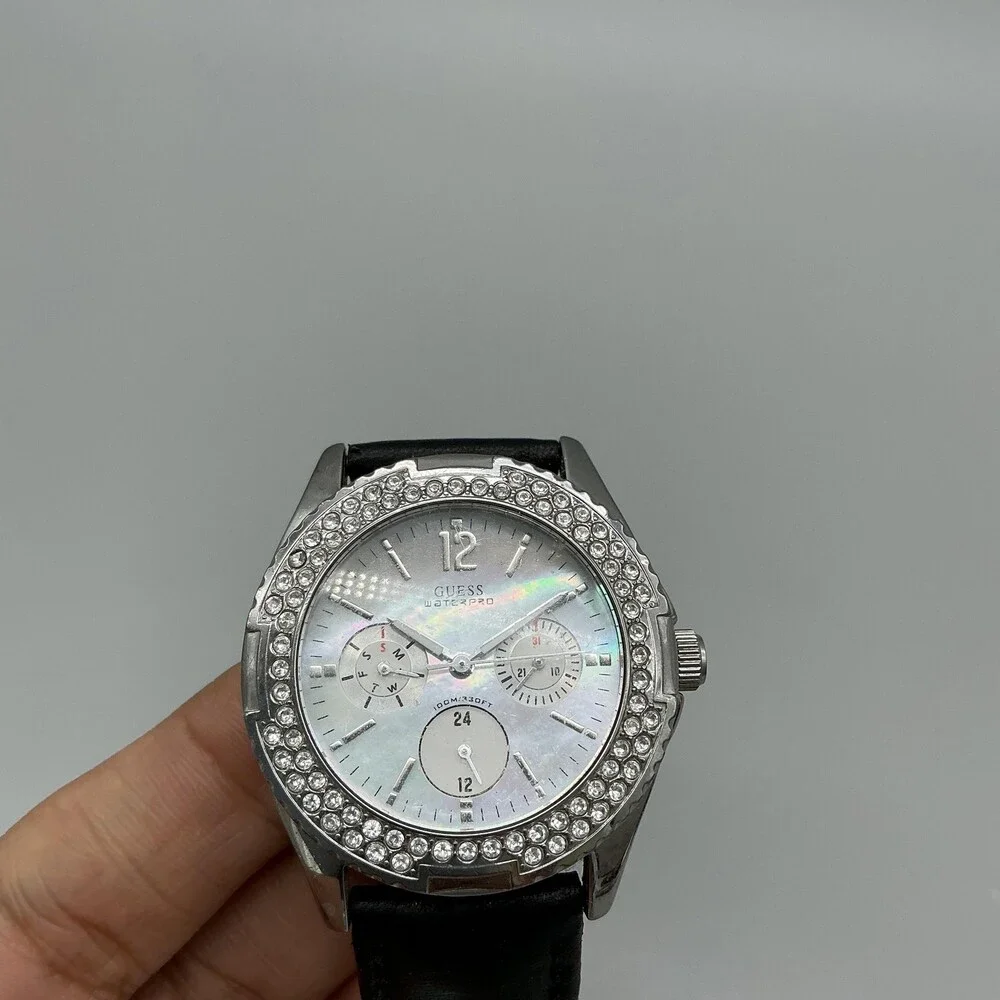 Guess Waterpro Womens Watch 38mm MOP Dial Black Leather Crystals New Battery